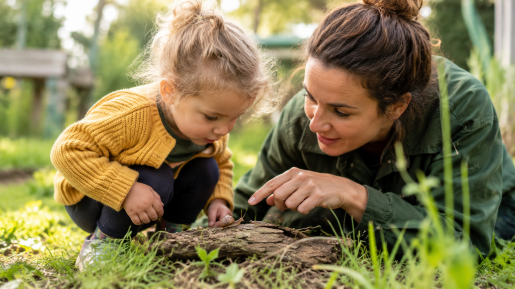 a female teacher pointing out a snail to a child in Reggio-Emilia philosophy style at West LA preschool